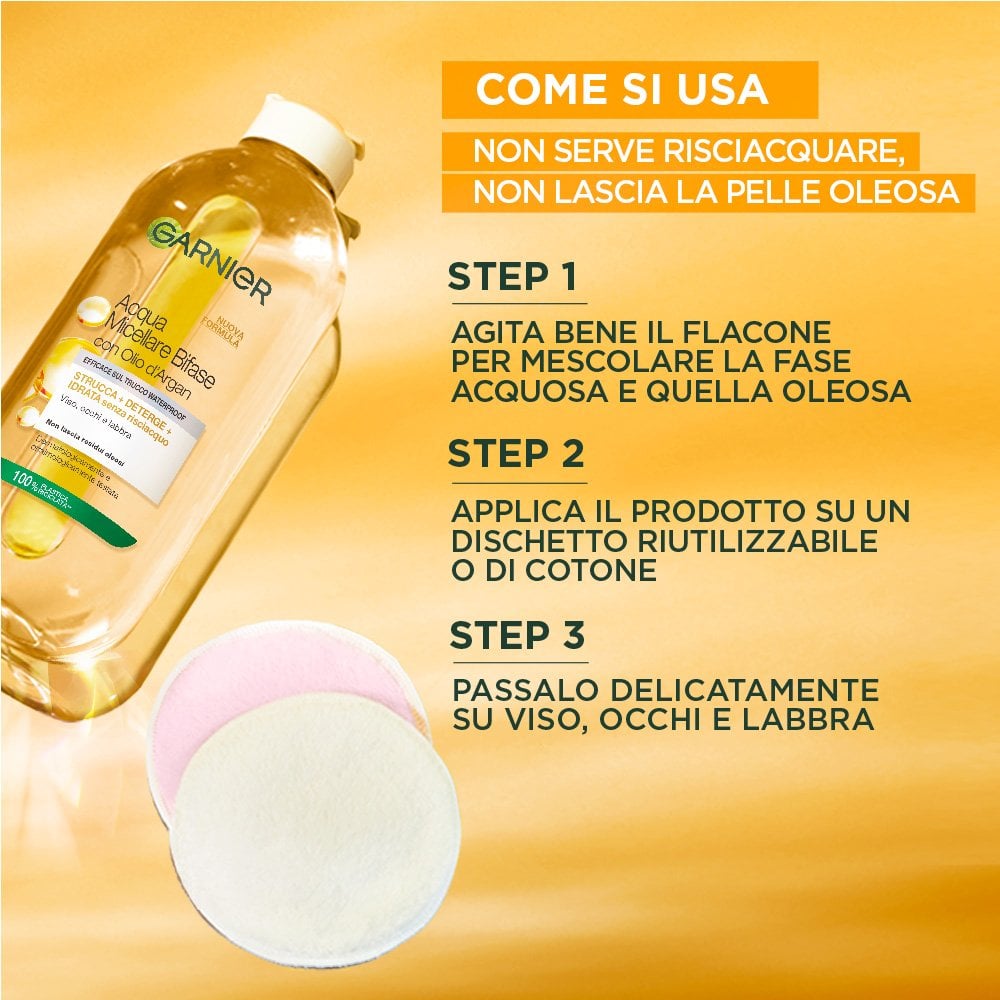 GARNIER ACQUA MICELLARE BIFASE EFFICACE SUL TRUCCO WATERPROOF STRUCCA - DETERGE - IDRATA. 400ml