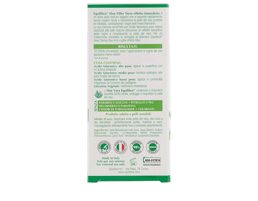 EQUILIBRA VISO, ALOE FILLER SIERO EFFETTO IMMEDIATO A BASE DI ALOE VERA PER PELLI SENSIBILI 20ml