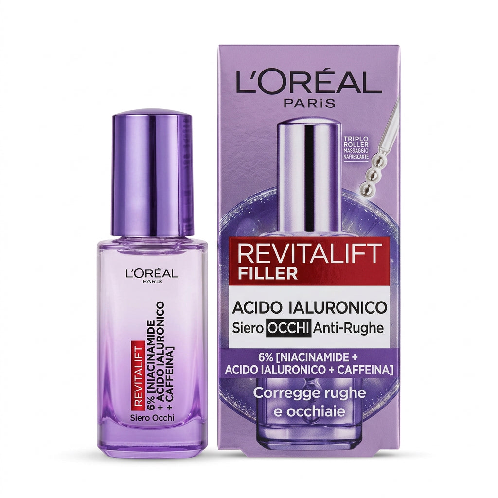 L’ORÉAL PARIS REVITALIFT FILLER SIERO OCCHI ANTI-RUGHE CON NIACINAMIDE, ACIDO IALURONICO E CAFFEINA.30ml