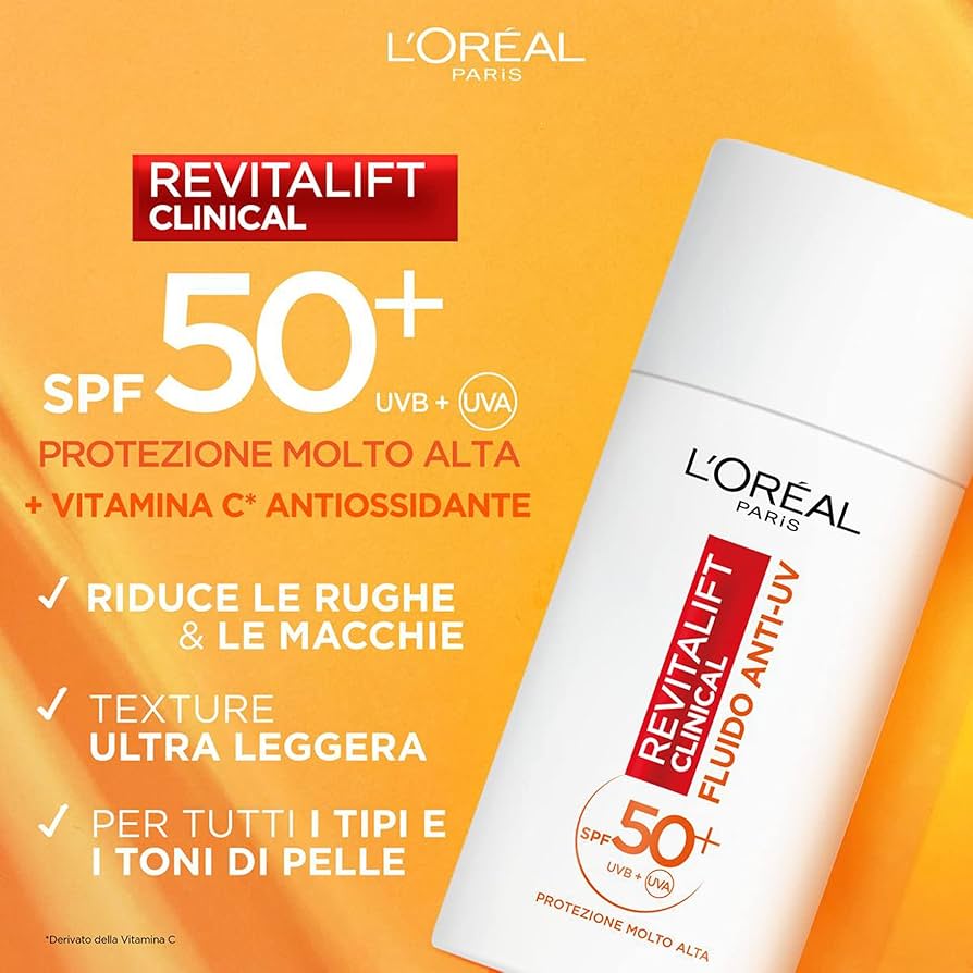 L’OREAL PARIS - FLUIDO ANTI-UV FPS 50+ VITAMINA C + VITAMINA E ACIDO IALURONICO MACCHIE,RUGHE. 50ml